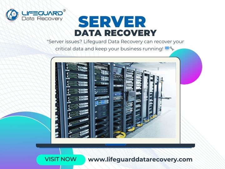 Server data recovery services by Lifeguard Data Recovery, server room on laptop screen, ensuring business continuity.