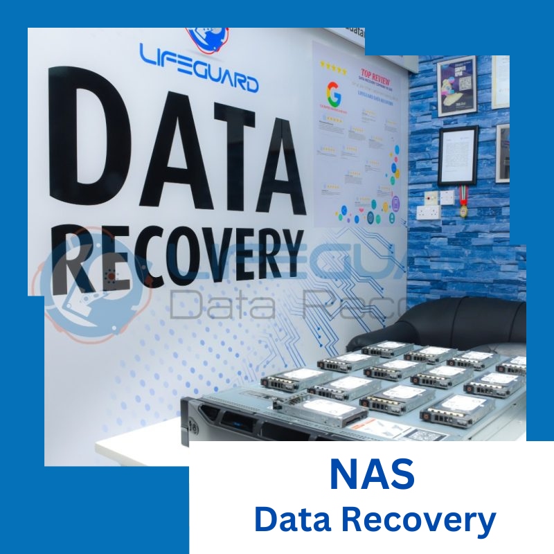 Lifeguard Data Recovery office showcasing NAS hard drives, data recovery services, and certifications.