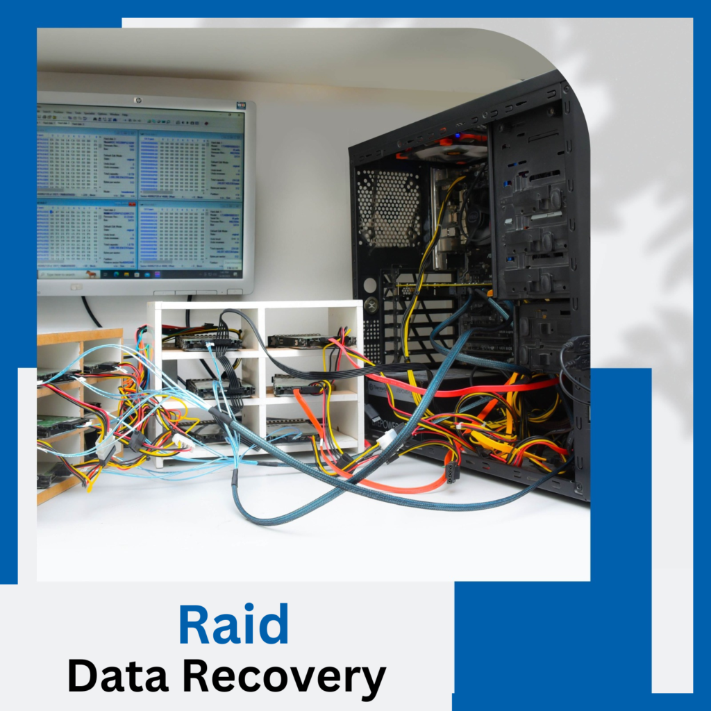 RAID data recovery setup by Lifeguard Data Recovery: multiple hard drives connected to a computer with data recovery software.