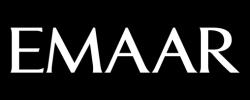 The image shows the logo of EMAAR, a real estate development company, in white serif font on a black background.
