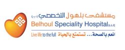 Belhoul Speciality Hospital logo with Arabic and English text, heart symbol, and slogan 'Live life to the full.