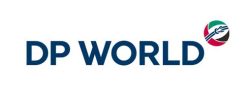 DP World logo with a circular emblem featuring a stylized globe and colors of red, green, black, and white