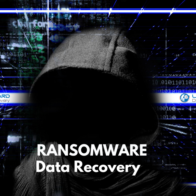 Hooded figure in front of a digital background with the text "RANSOMWARE Data Recovery