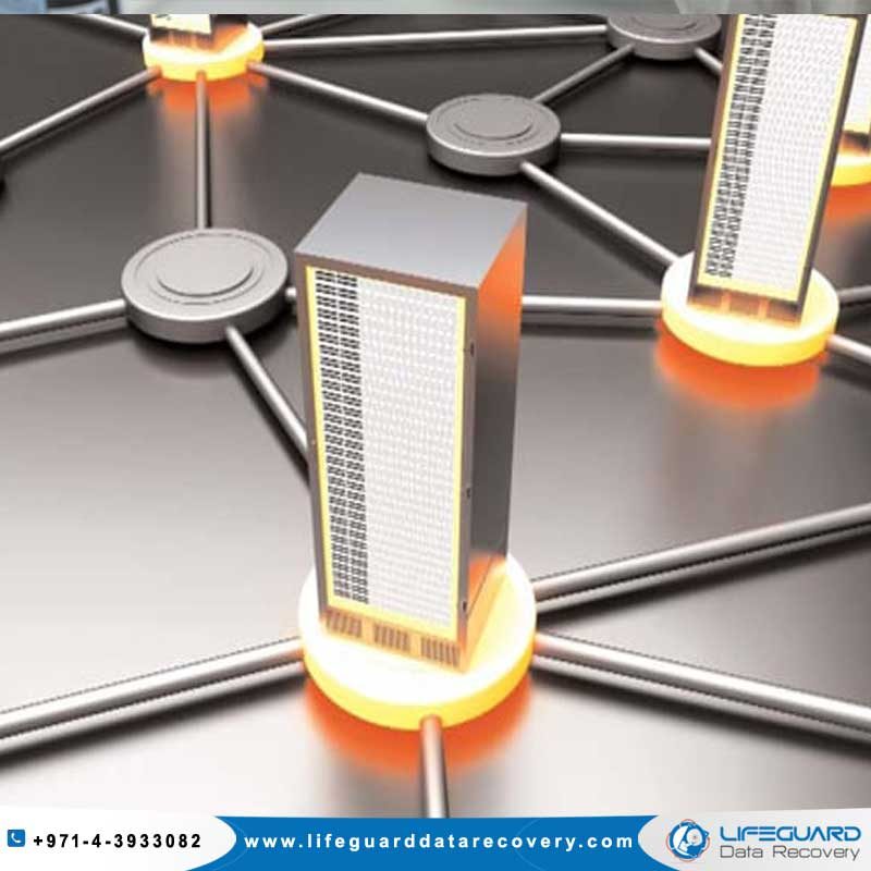 Close-up of a networked server rack with glowing connections, showcasing data recovery service by Lifeguard Data Recovery