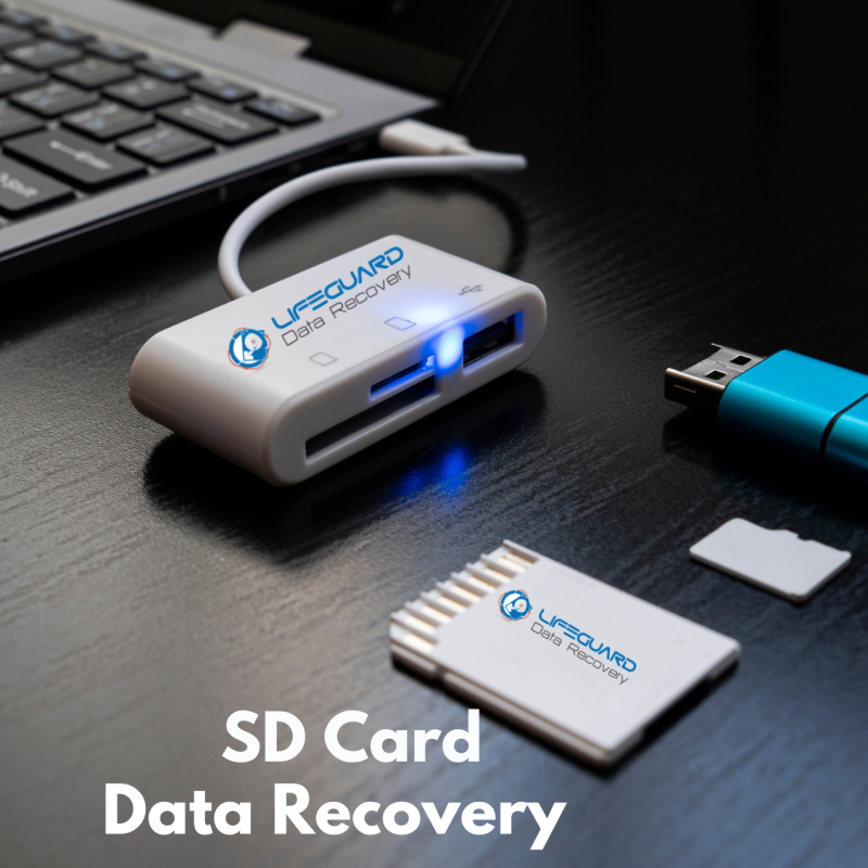 SD card data recovery device connected to a laptop, with "Lifeguard Data Recovery" text on the reader and SD card